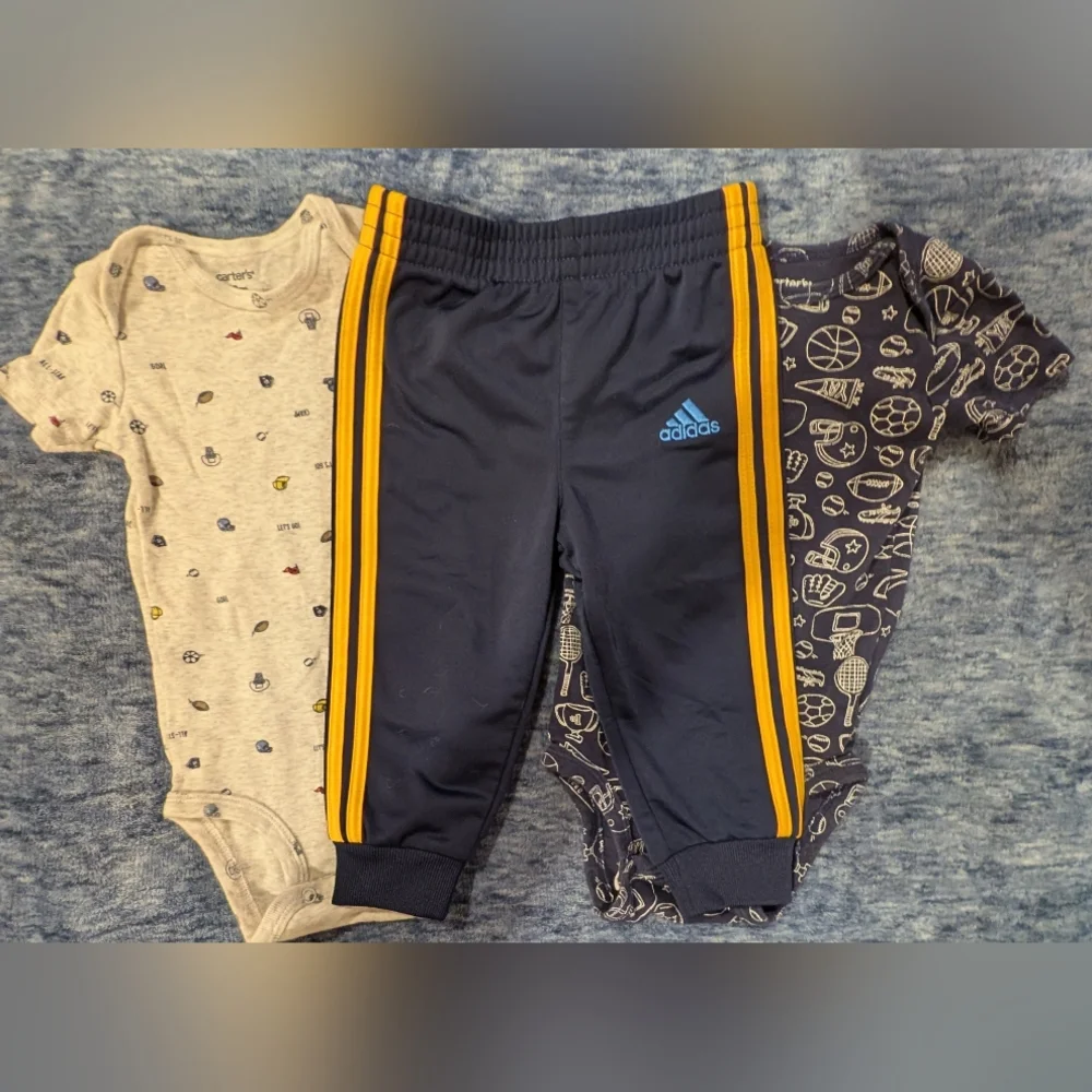 Adidas 12M Kids Navy Joggers with Yellow Stripes